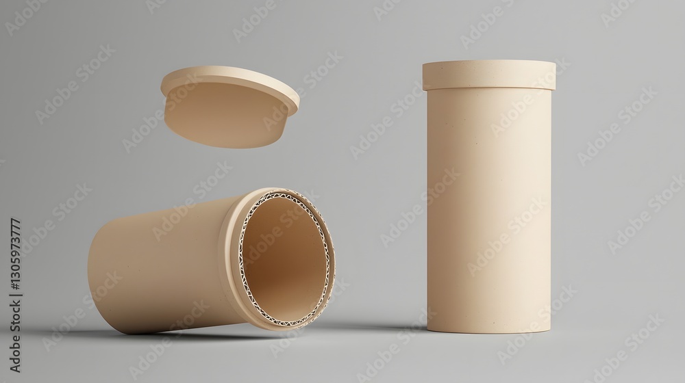 Poster photographic render of a Kraft cardboard cylinder container with a smooth matte finish floating on a clean gray background  This minimalist product packaging mockup has a simple