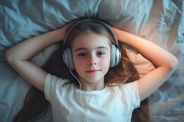 A young teenage girl with headphones on, comfortably lying on her bed, enjoying her favorite tunes with a serene and happy expression.