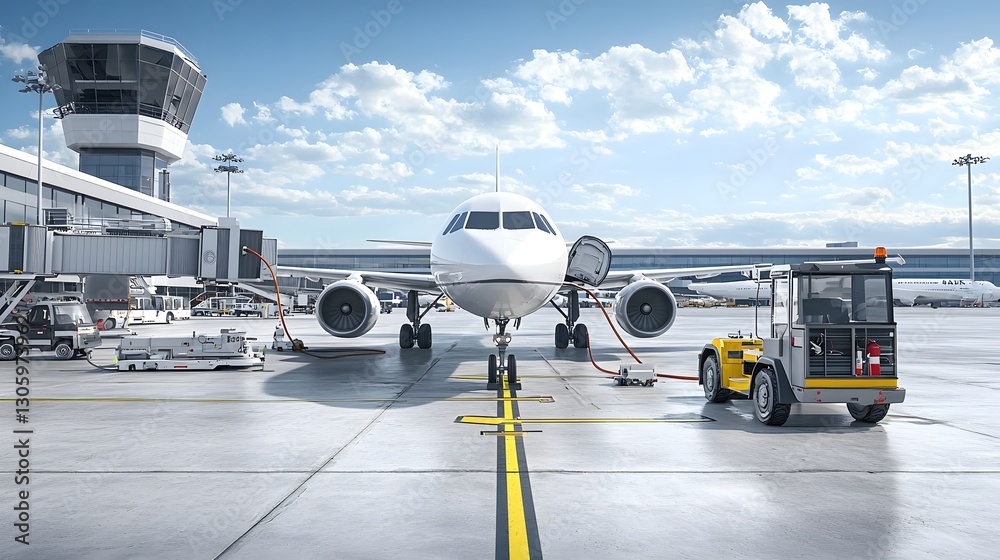 Poster private jet refueling at a small airport with various service equipment and vehicles surrounding the