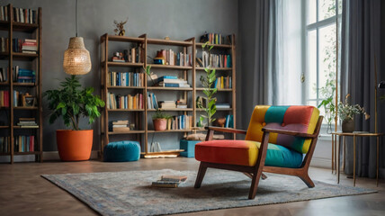 
Retro style in beautiful living room interior with empty gray walls, a bookshelf and a colorful chair, very comfortable atmosphere full of tranquility
