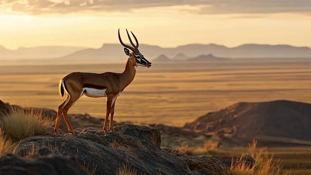 Antelope on rocky outcrop at sunset in African landscape.  Possible use Stock photo for nature, wildlife, travel, or environmental themes