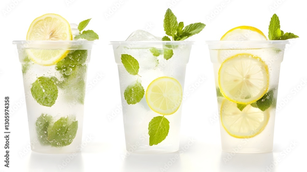 Poster refreshing and vibrant iced lemonade with fresh lemon slices and aromatic mint leaves served in a tr