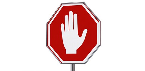 Fototapeta premium Red octagon stop sign, hand symbol, white background, safety