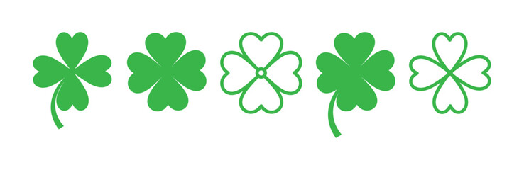 Icon set of four leaf clover flower. Simple flat design vector illustrations, isolated on white baclground. Concept of Irish St Patrick's Day