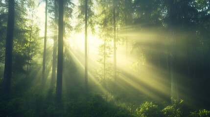 Obraz premium A serene misty morning in a dense forest with sun rays illuminating the scenery.