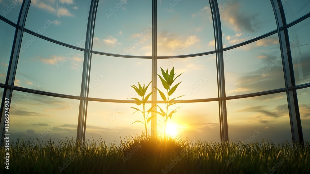Poster serene and minimalist scene of plant silhouettes against a glowing sunset inside a transparent green