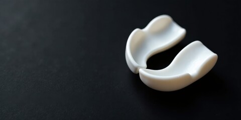 Close-up view of a pristine white, molded plastic mouthguard resting on a dark surface