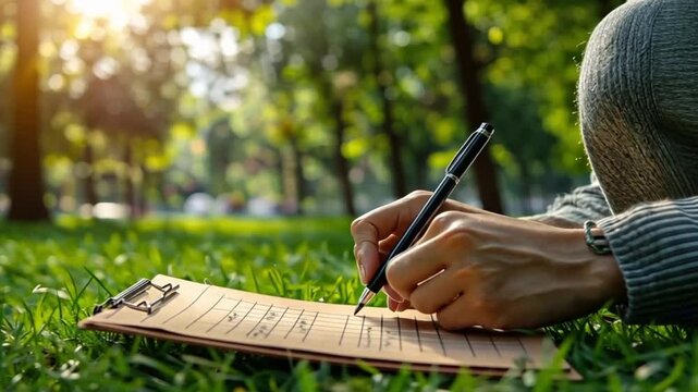 Woman filling out form in park