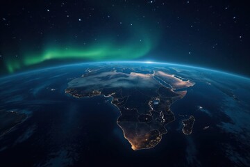 Obraz premium A nighttime view of Earth's surface, showcasing a vibrant aurora borealis arcing across the horizon above a dimly lit landmass