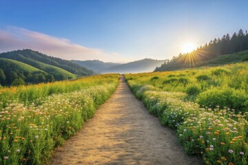 Naklejka premium A picturesque hiking path lined with blooming wildflowers, inviting adventurers to explore under a bright sun.