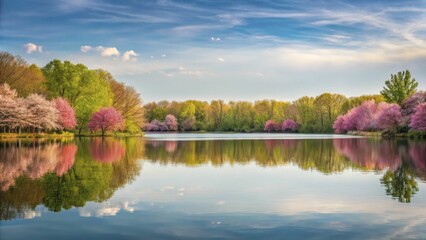 A serene lakeside view during spring, with trees in bloom reflecting on the water's surface under a clear sky.