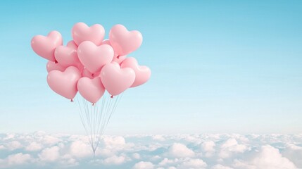 Obraz premium Pink heart balloons floating above the clouds. Concept of love, Valentine's Day, and romance.