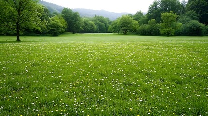 Fototapeta premium Serene Morning Stroll Through Dew Covered Summer Meadow A Peaceful Escape into the Lush Vibrant Landscape of a Tranquil Rural Countryside