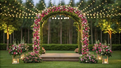 An elegant spring wedding setup in a garden, complete with floral decorations, twinkling lights, and a beautiful arch.