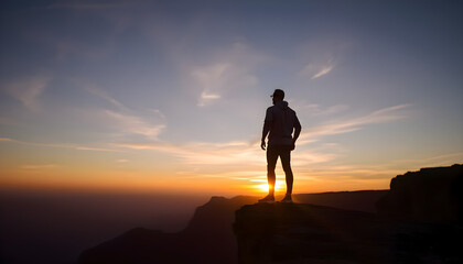 Man standing on top of cliff at sunset