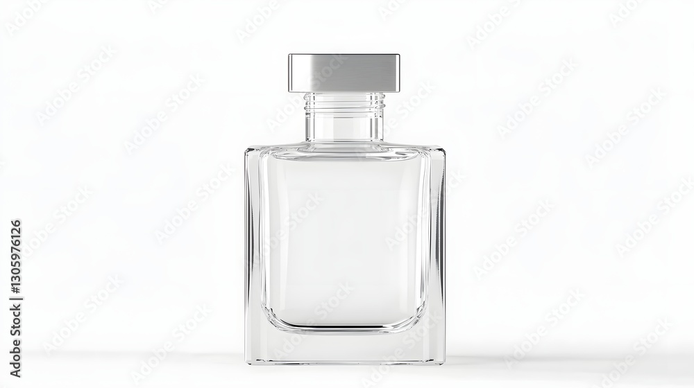 Poster sleek and minimalist square glass bottle with flat silver cap a photo of a clear transparent glass c