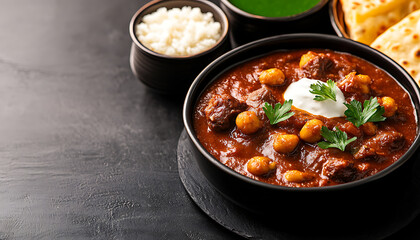 Delicious multicultural food featuring rich curry with rice, bread, and sauces