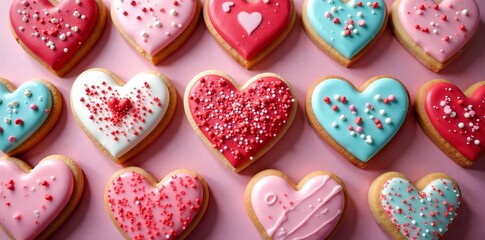 Fototapeta premium Assorted heart-shaped cookies with colorful icing, sprinkles, and patterns for Valentine's Day, colorful, patterns