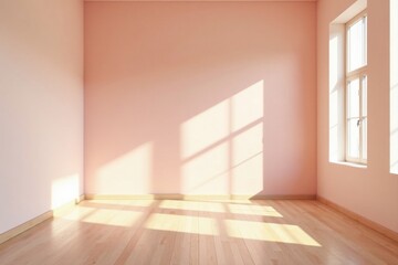 Obraz premium Empty Room with Pale Pink Walls and Light Wood Floor, Sunlit Corner