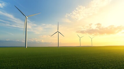 Modern wind turbines in a green field under golden light, showcasing renewable energy and natural beauty.