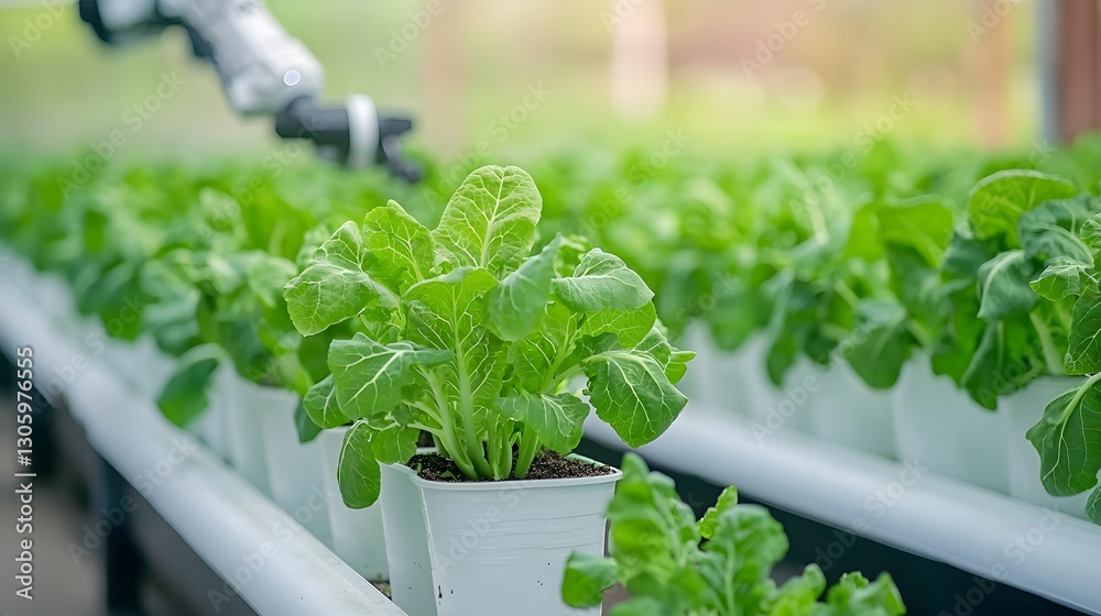 Aufkleber smart greenhouse with robotic arms inspecting rows of leafy vegetables like lettuce spinach and kale