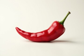 A vibrant, glossy red chili pepper rests gently on a pristine white surface, its curves and sheen highlighted by soft, diffused light.