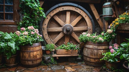 Charming Garden Scene with Wooden Wheel Rustic Home Nature Photography Serene Environment Close-up View