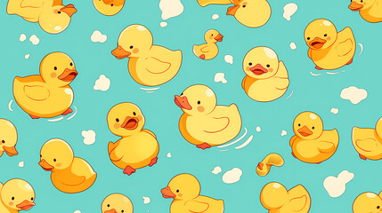 Playful yellow rubber ducks floating on a bright blue background with fluffy clouds, ideal for children's decor