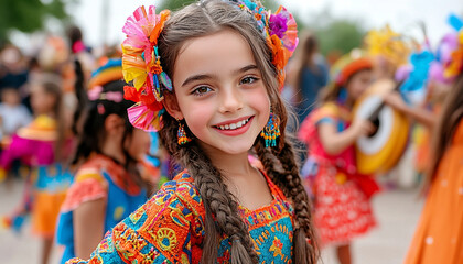 Fototapeta premium joyful scene of girl in traditional colorful attire, celebrating with friends