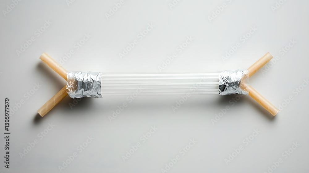 Poster Transparent plastic straw in a minimalist wrapper sealed on both ends isolated on a clean white and gray background