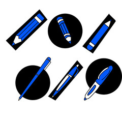 set of pens and pencils arranged in 6 different shapes. Hand drawn vector illustration. Hand drawn vector illustration.