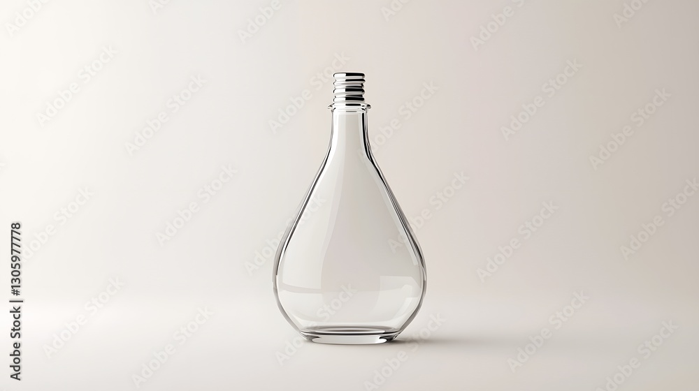 Poster unique and elegant teardrop shaped glass bottle with a minimalist silver screw cap floating on a cle