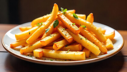 Delicious golden french fries cozy restaurant food photography indoor setting close-up view culinary delight