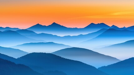 Obraz premium Scenic view of blue mountains with orange sky at sunset. Landscape of mountain range with fog.