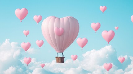 Fototapeta premium Heart shaped hot air balloon flying in the sky with heart balloons. Concept of love, valentine's day, and wedding.