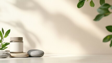 Skincare product display, stones, shadows, light