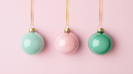 Obraz premium Three pastel Christmas baubles on a pink background. Minimalist Christmas concept.
