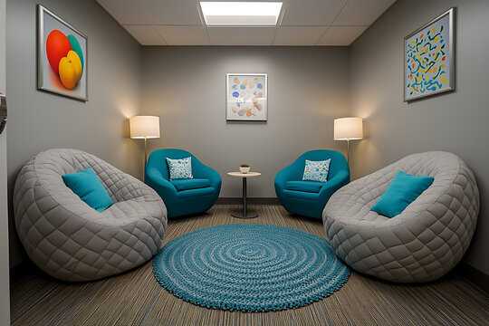cozy corporate office lounge featuring modern bean bag chairs, round rug, and colorful artwork
