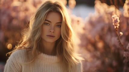 Fototapeta premium Portrait of a Blonde Woman in a Field of Flowers bathed in Golden Light