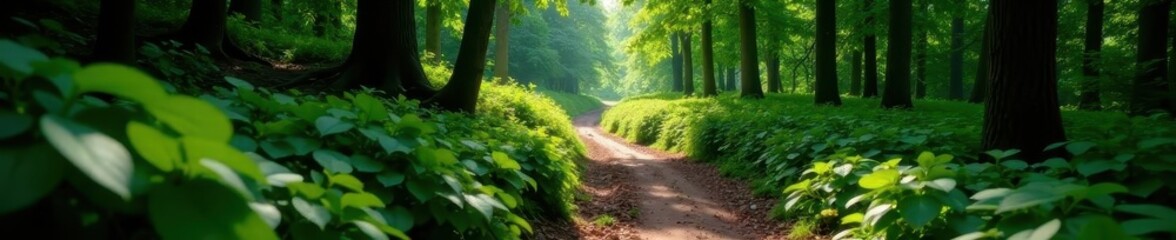 Obraz premium Narrow, winding dirt track disappearing into dense forest canopy, vegetation, path, wilderness