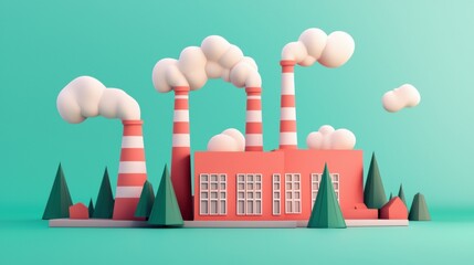 Naklejka premium Illustration of a factory with smoke stacks and trees on a green background. Concept of industry, manufacturing, and pollution.