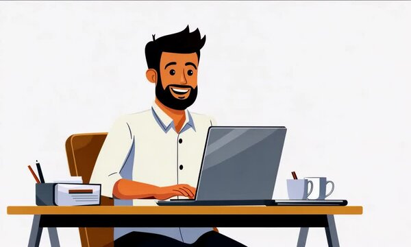 staff man work in table with computer and documents, cute vector flat cartoon design