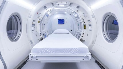 Hyperbaric chamber for oxygen therapy. Medical equipment for treatment and rehabilitation. White interior with bed and windows.