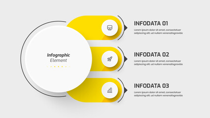 Business Central Circle Infographic Template with Yellow Color, 3 Options and Icon. Suitable for Presentations, Process Diagram, Workflow