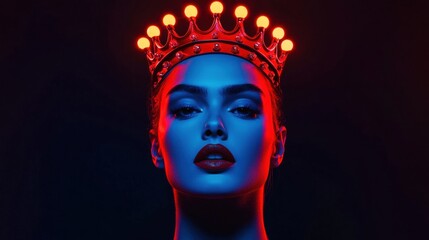 Fototapeta premium Portrait of a beautiful woman with a crown in neon lights. Concept of beauty, fashion, and royalty.