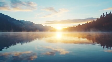 Fototapeta premium A serene lake scene with calm water reflecting a peaceful morning atmosphere.