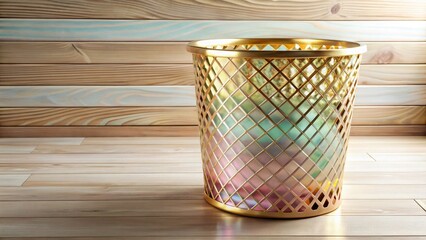 Fototapeta premium Luxury Laundry Basket, Gold Reflections, Minimalist Fashion Photography, Wooden Texture, Pastel Tones