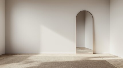 Minimalist interior with a full length mirror, rug, and wooden floor. Sunlight streaming in.
