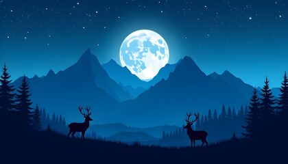 Moonlit Night Over Mountain Range with Deer and Stars,A stunning vector illustration of a nighttime mountain scene under a starry sky. The full moon casts a cool silver glow over the jagged peaks