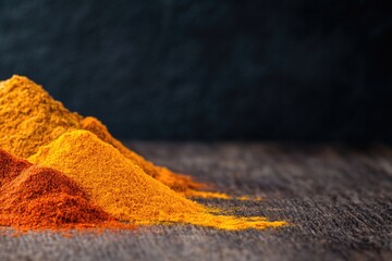 close-up of vibrant spices like paprika turmeric and cumin neatly arranged on rustic wooden surface each revealing